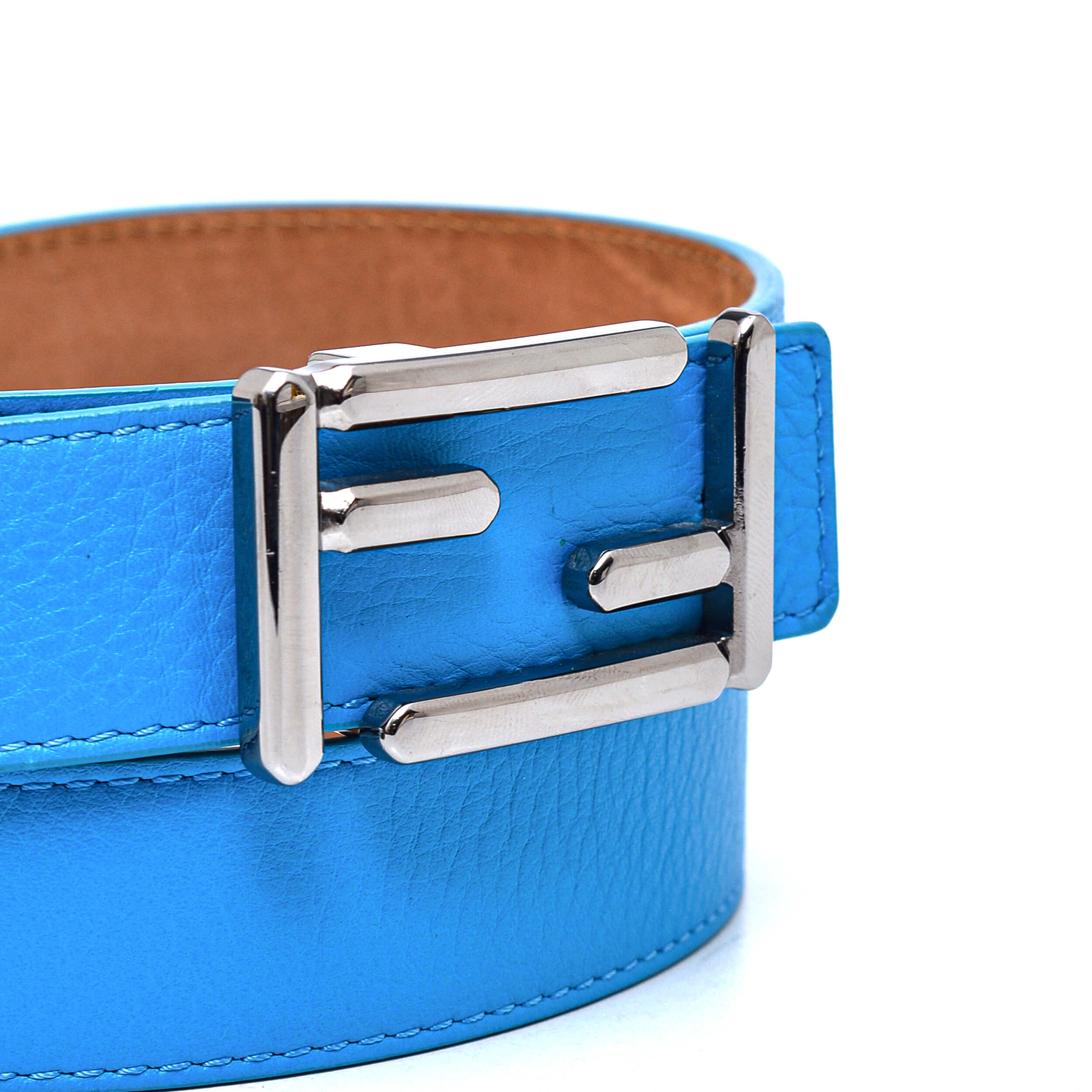 Fendi - Blue Leather Silver FF Logo Detail Belt